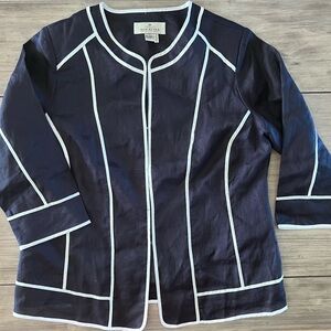 Vintage Serafina 100% Linen Navy Blazer Size L  White Trim 3/4 Sleeve Jacket